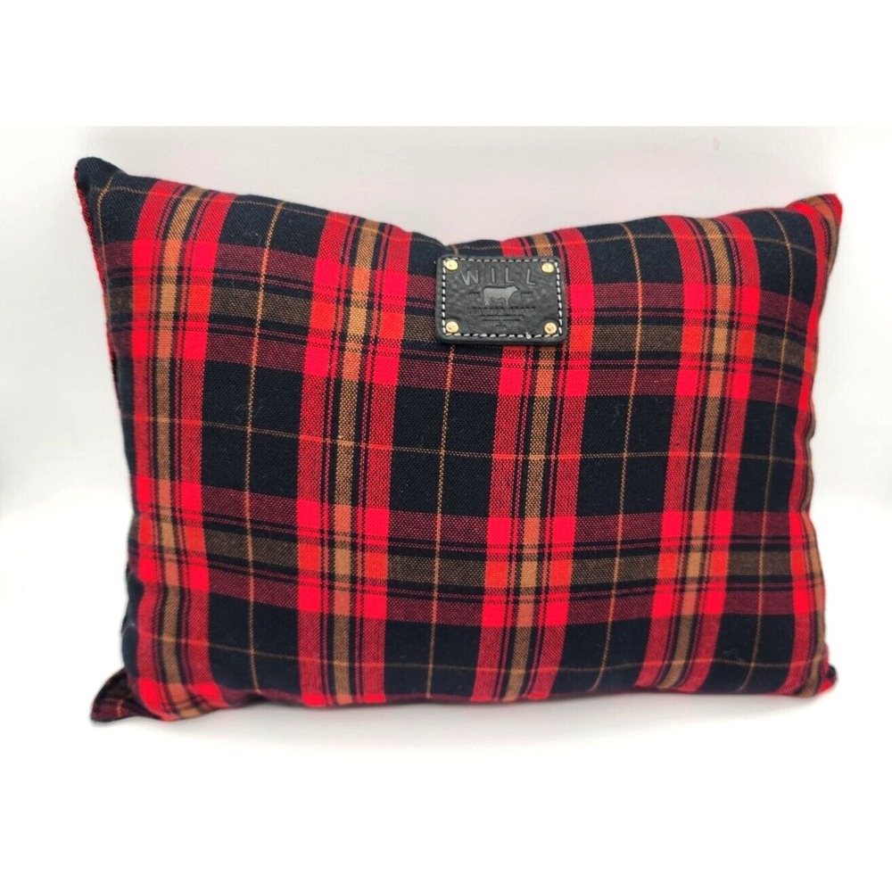 Will Leather Goods Red Tartan Pattern Fabric Leather Tag Travel Pillow Preppy